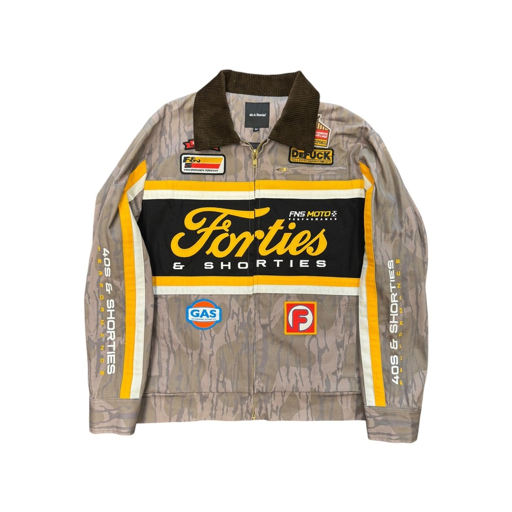 40s & Shorties Performance Moto Jacket Mens M Brown Camo Excellent Patch Detail
